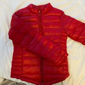 red puffer coat